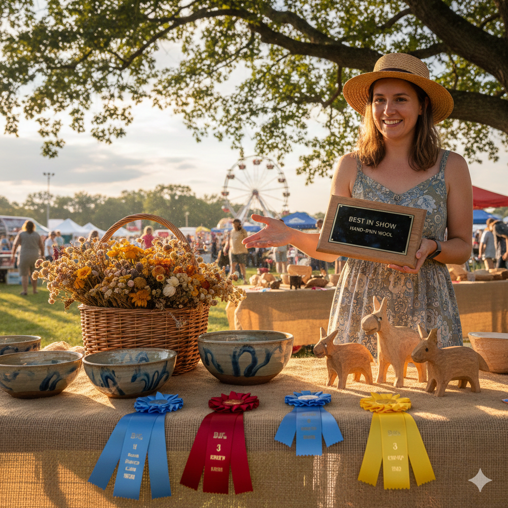 A woman in a floral dress and straw hat holding a sign that says "Best in Show Hand-Spun Wool," standing at a table with ceramic bowls, wooden animal figurines, a basket of flowers, and ribbons, at an outdoor fair or market with a Ferris wheel and trees in the background.