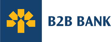 B2B Bank logo featuring a yellow geometric design and dark blue background