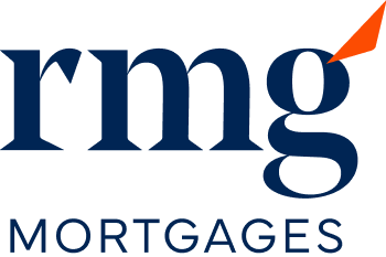 RMG Mortgages logo with black and blue text and an orange triangle
