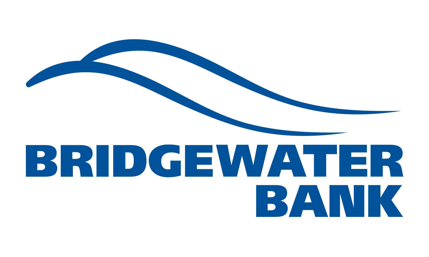 Logo of Bridgewater Bank featuring two stylized blue waves above the bank's name in bold blue text.