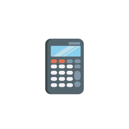 Illustration of a calculator with a blue display screen and orange, white, and gray buttons.