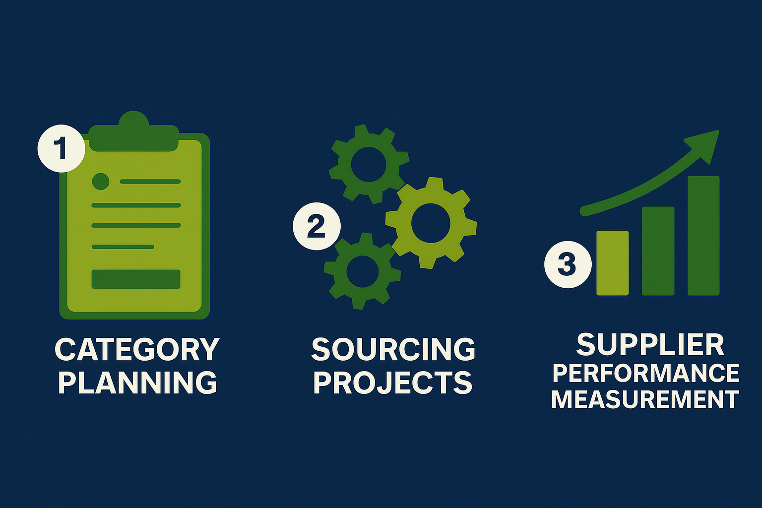 A flowchart with three steps: 1. Category Planning represented by a clipboard icon, 2. Sourcing Projects represented by interconnected gears, 3. Supplier Performance Measurement represented by an upward trending bar graph with an arrow.