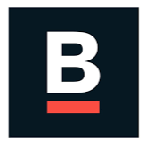 Logo with a large white letter 'B' on a dark background, featuring a red underline.