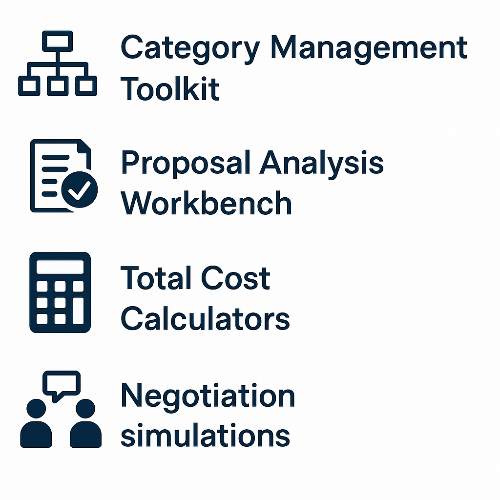 Icon list of tools and concepts for project management including hierarchy diagram, proposal analysis checklist, calculator, and negotiation simulation, with corresponding text labels.