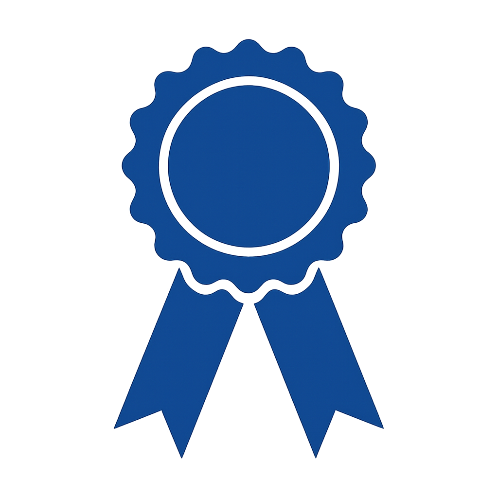 Blue award ribbon with a circular center and two hanging ribbons.