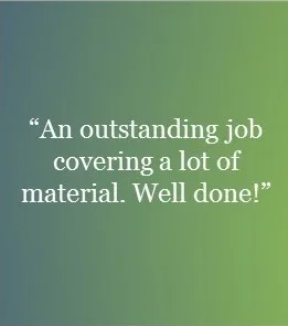 Quote saying 'An outstanding job covering a lot of material. Well done!' on a green gradient background.