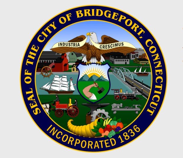 Seal of the City of Bridgeport, Connecticut, featuring an eagle with outstretched wings holding a banner that says 'Industria Crescimus,' a shield with a landscape, ships, a train, a gear, and a cornucopia, with the text 'Seal of the City of Bridgeport, Connecticut' and 'Incorporated 1836'.