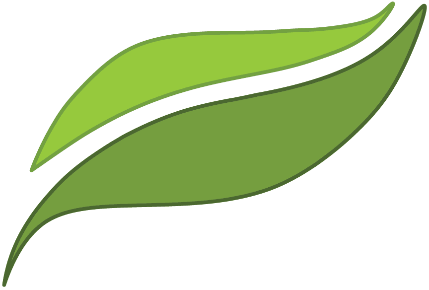Two green leaves with a darker green stripe in the center, stylized and overlapping.