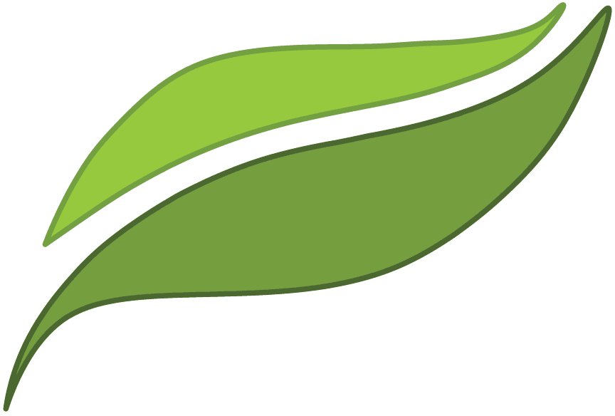 Two green leaves with a simple, stylized design, one lighter and one darker shade of green.