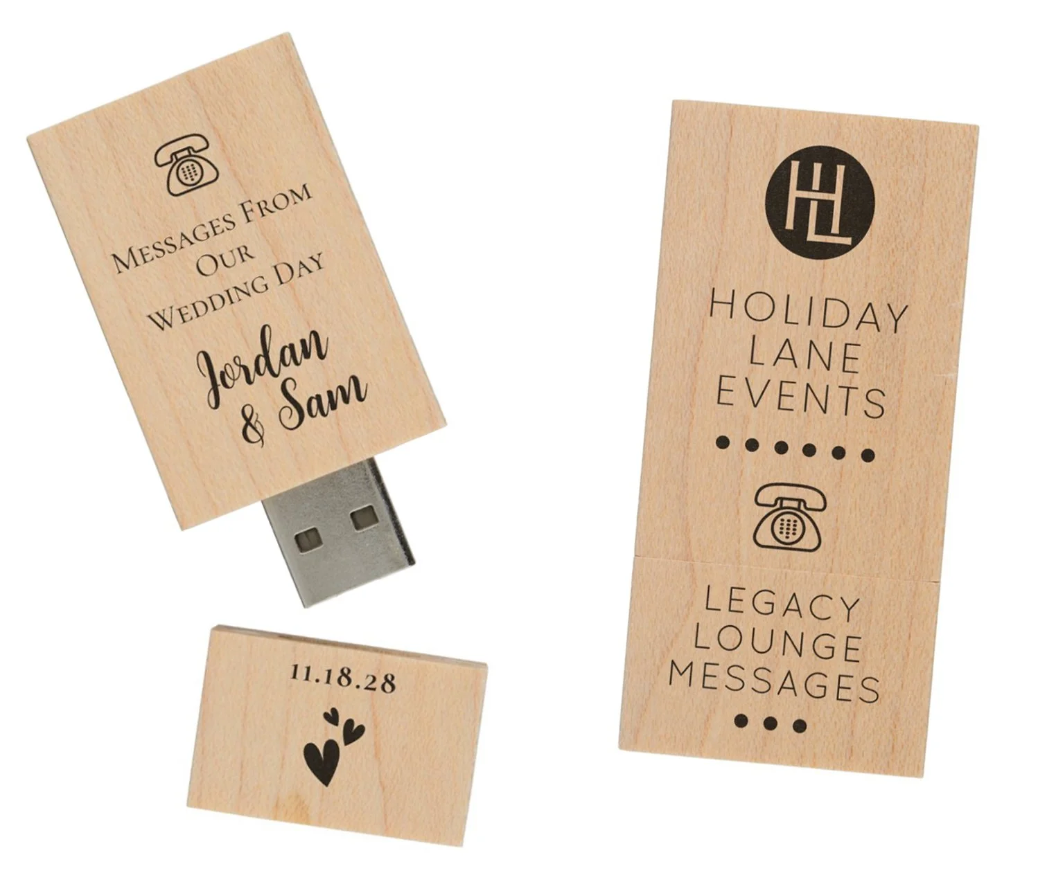Keepsake Wooden USB drive with custom printed personalization including names, date and Holiday Lane Events Legacy Lounge branding messages.