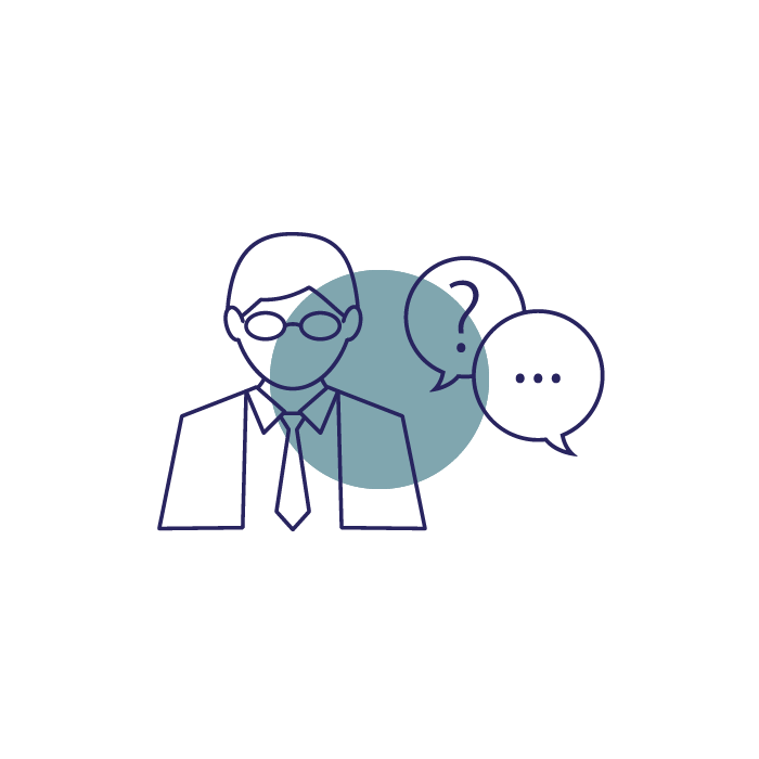 Line drawing of a person with glasses and a tie, with speech bubbles containing a question mark and three dots.