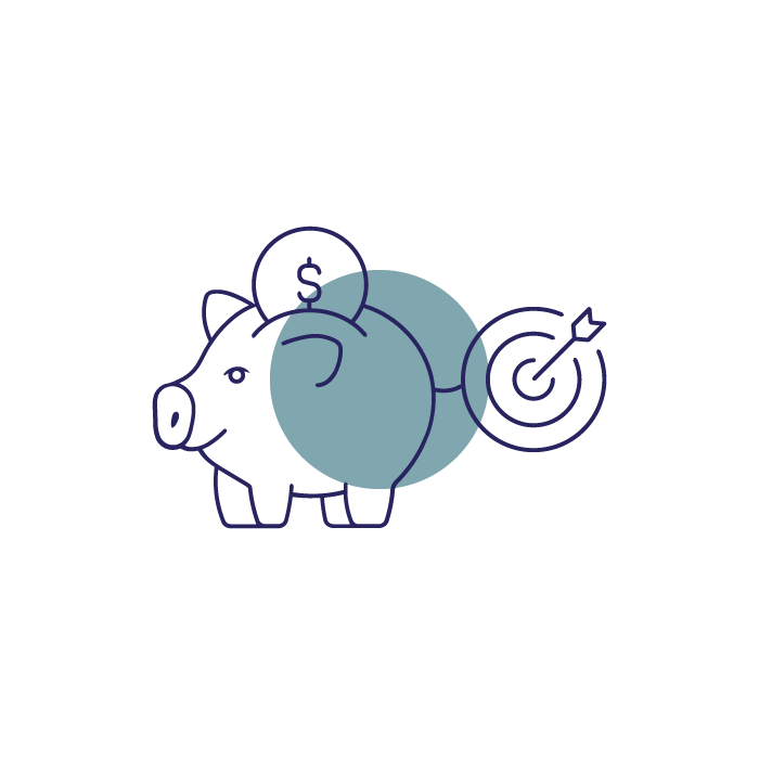 Line drawing of a pig with a dollar sign on a coin over its back, a large coin near the pig, and a target with an arrow hitting the bullseye, all representing financial goals and savings.