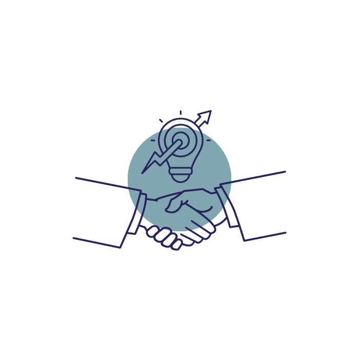Illustration of two hands shaking with a lightbulb and a lightning bolt between them, symbolizing collaboration and innovation.
