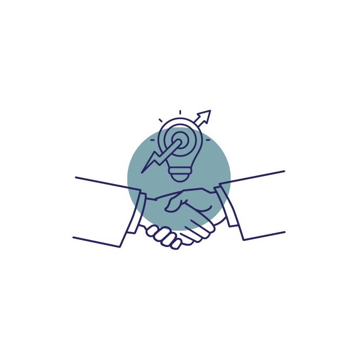 Line drawing of two hands shaking with a lightbulb and arrow above, symbolizing collaboration and innovation.