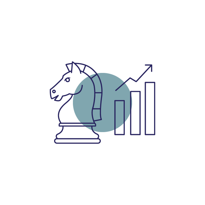 Illustration of a chess knight piece with a growth chart and rising arrow behind it, symbolizing strategic success or business growth.