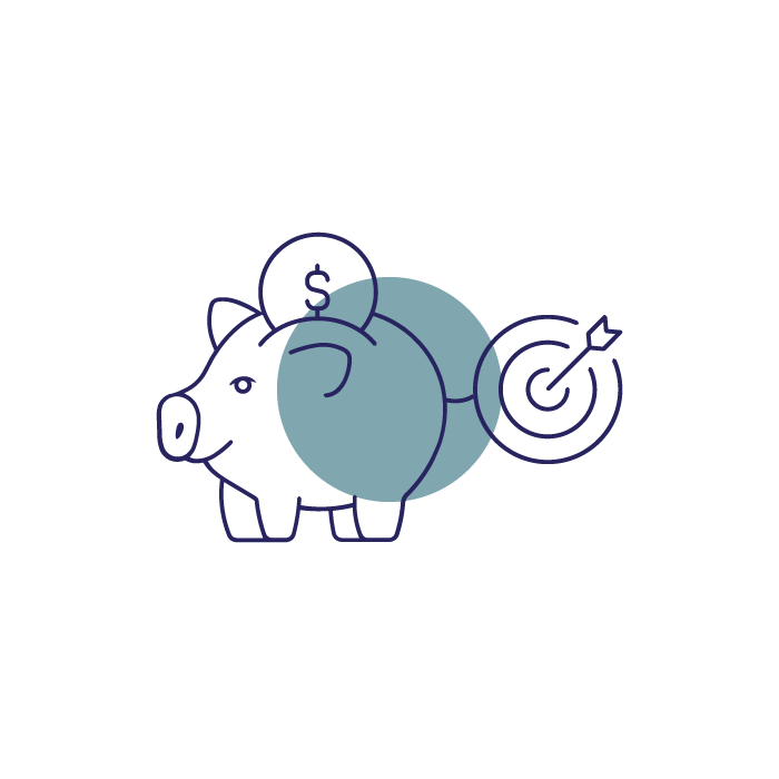 Line drawing of a piggy bank with dollar sign, coin, and target with arrow.