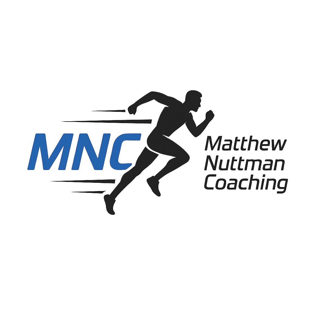 Logo de Matthew Nuttnan Coaching avec un coureur en silhouette noire et le texte 'MNC' en bleu.