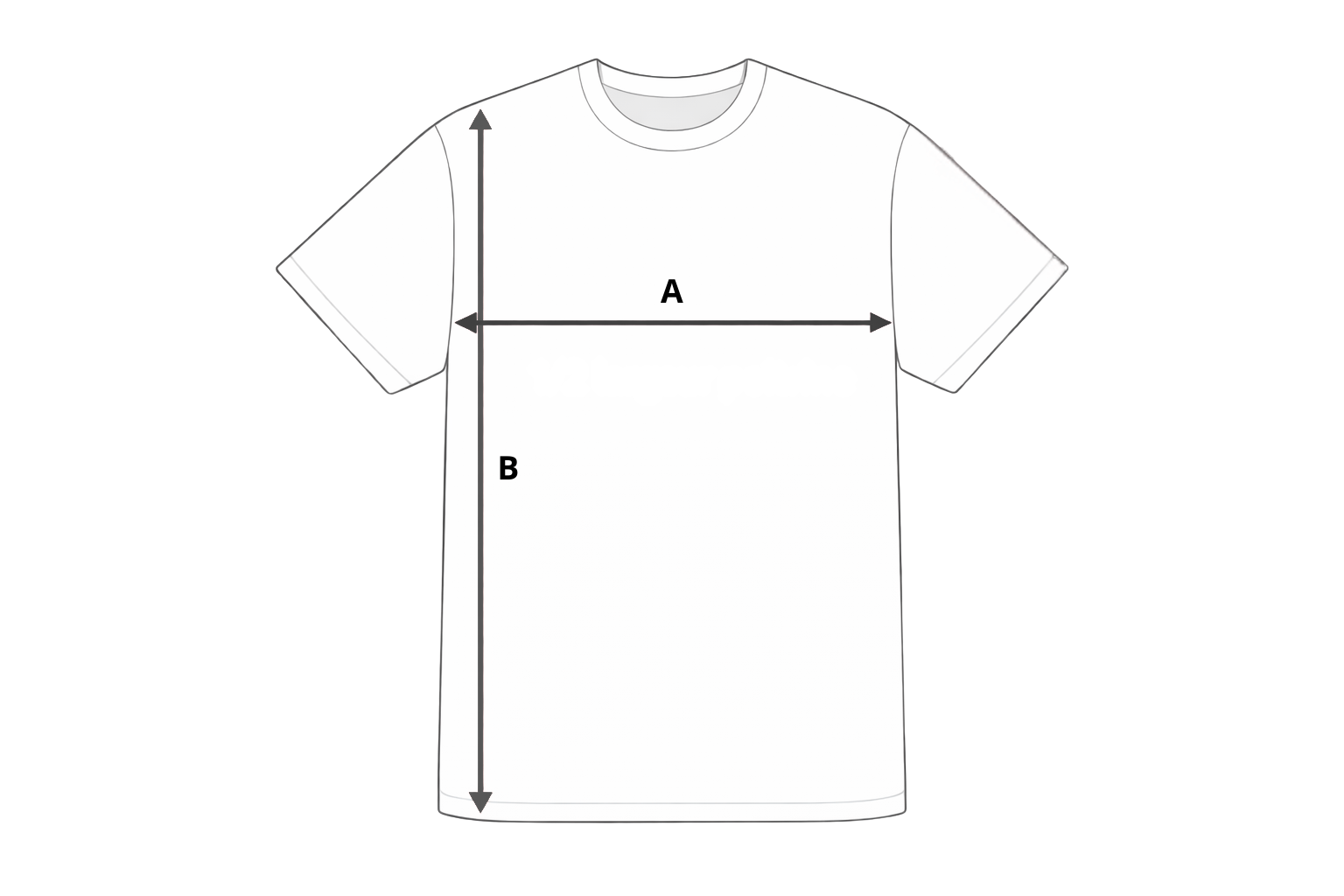 Diagramme montrant un t-shirt blanc avec deux mesures indiquées : la largeur 'A' à travers la poitrine et la longueur 'B' de l'épaule à l'ourlet inférieure.