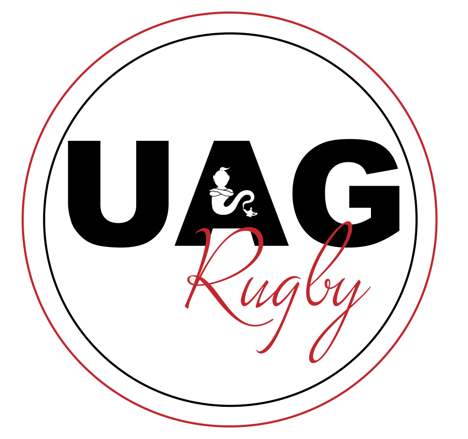 Logo rond avec le texte "UAG Rugby" et un symbole de serpent en son centre.