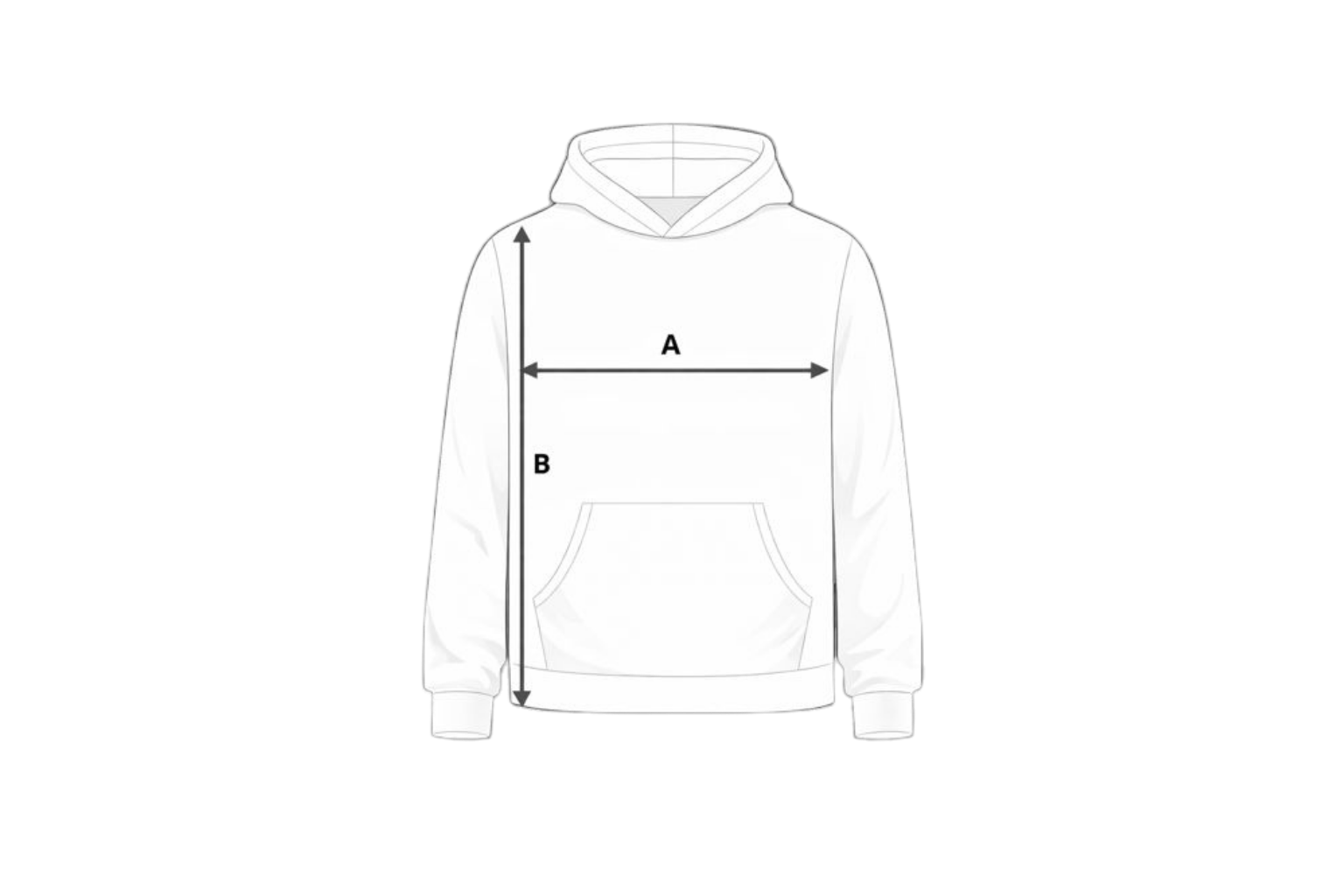 Diagramme d'un sweat à capuche avec des mesures indiquées A pour la largeur du torse et B pour la longueur de l'épaule à la base.