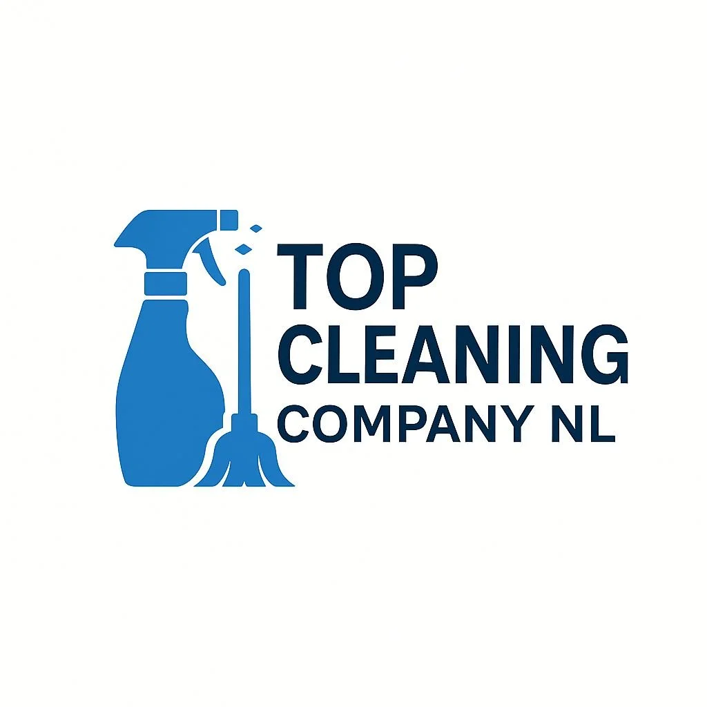 Logo of a cleaning company featuring a blue spray bottle and a mop, with the text "Top Cleaning Company NL" in bold blue letters.