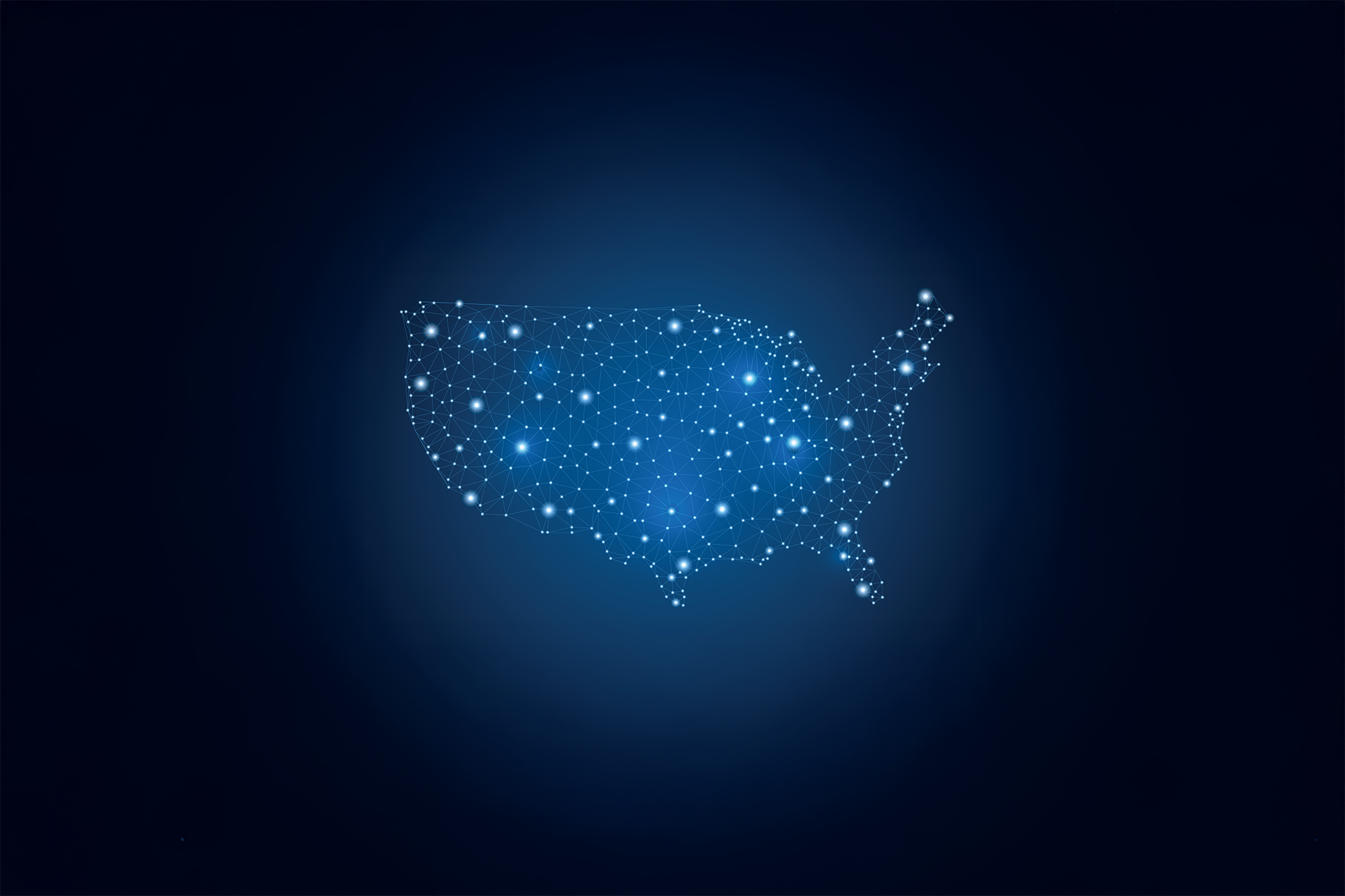 Digital representation of the United States map made of interconnected glowing points and lines on a dark background.