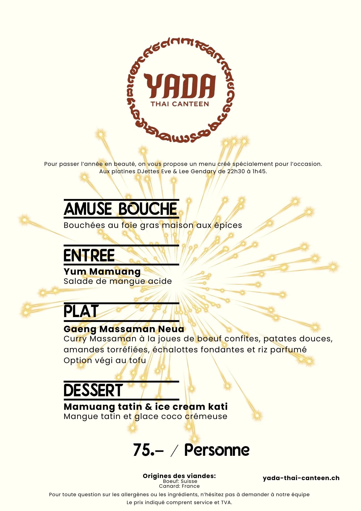 Menu du nouvel an, authentique thaïlandais: toutes les préparations faites maison pour un maximum de saveurs. Foie gras maison aux épices, salade de mangue acide, curry Massaman maison et glace coco crémeuse.