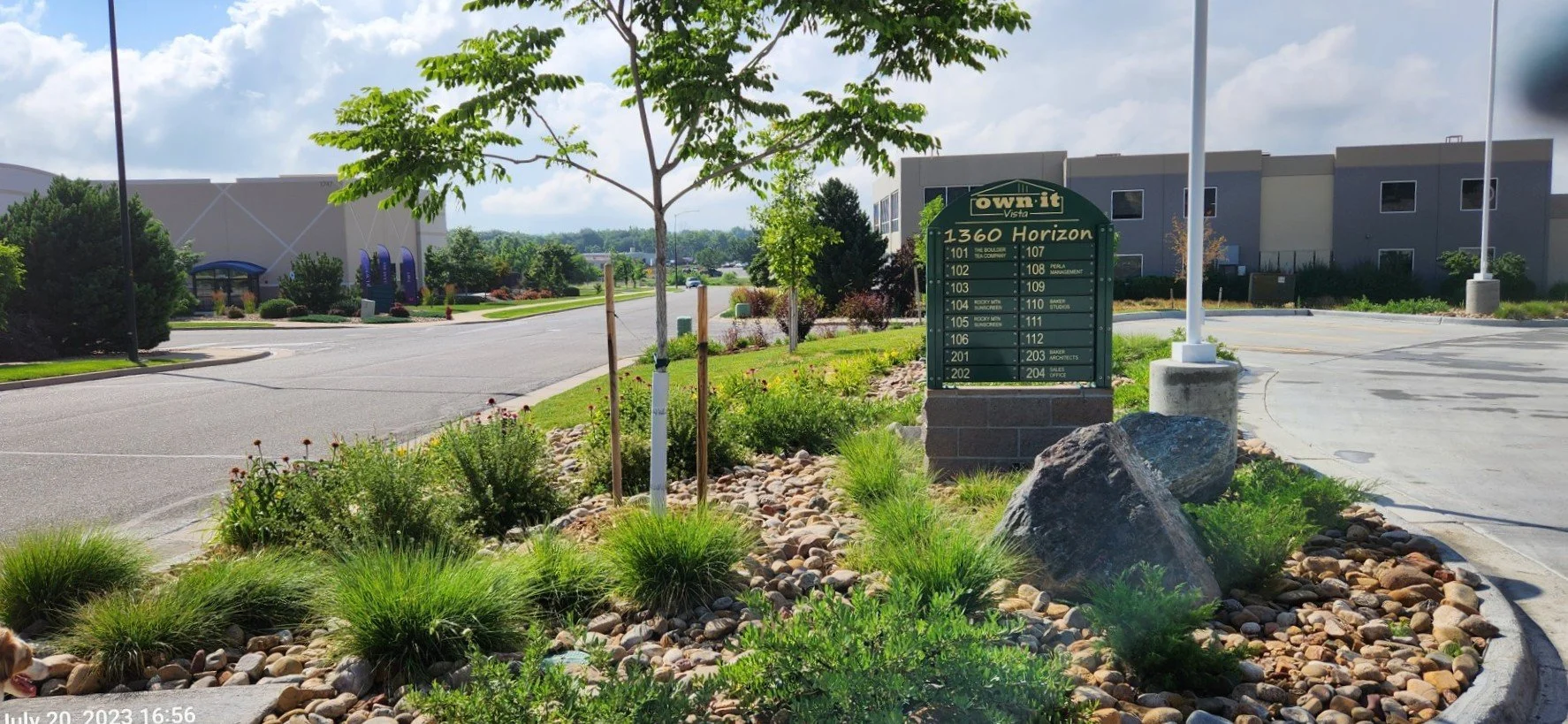 Entrance monument sign for Own It Vista flex office and warehouse condominiums at 1360 Horizon Avenue in Lafayette Colorado.