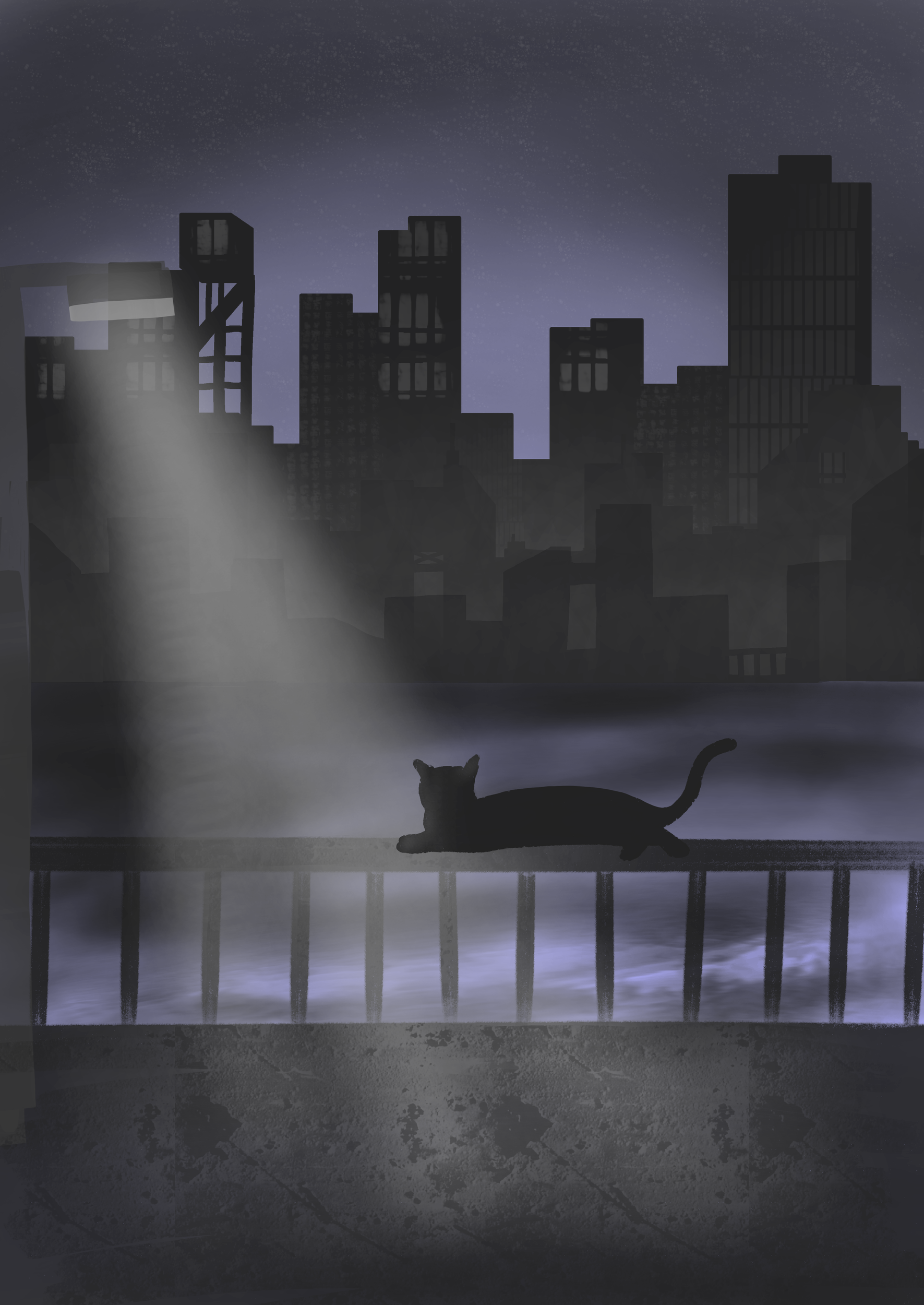 A silhouette of a black cat stretched out on a balcony railing at night, overlooking a foggy cityscape with tall buildings and a starry sky.