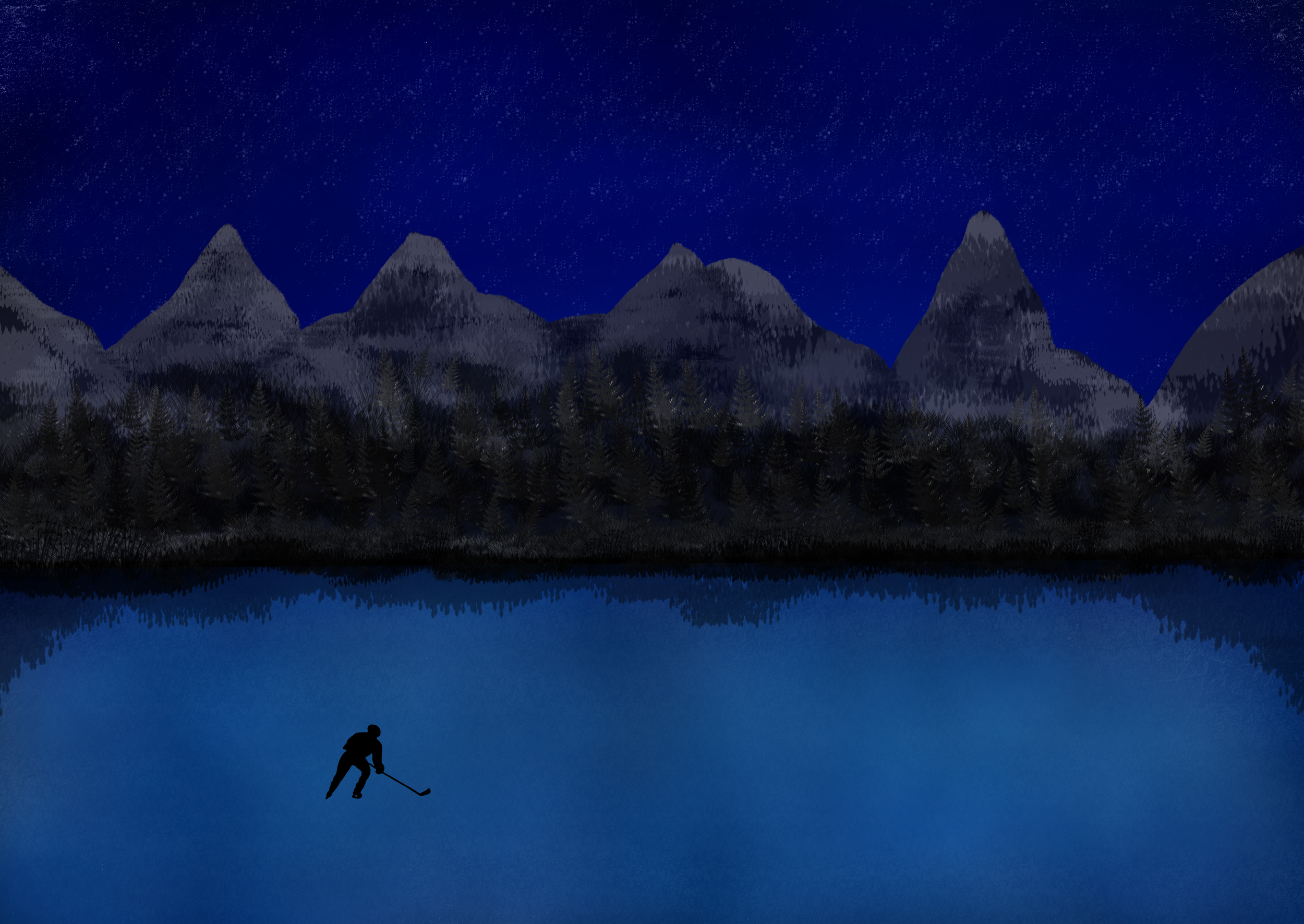 Silhouette of a person skiing on a frozen lake reflecting the mountain peaks and starry night sky.