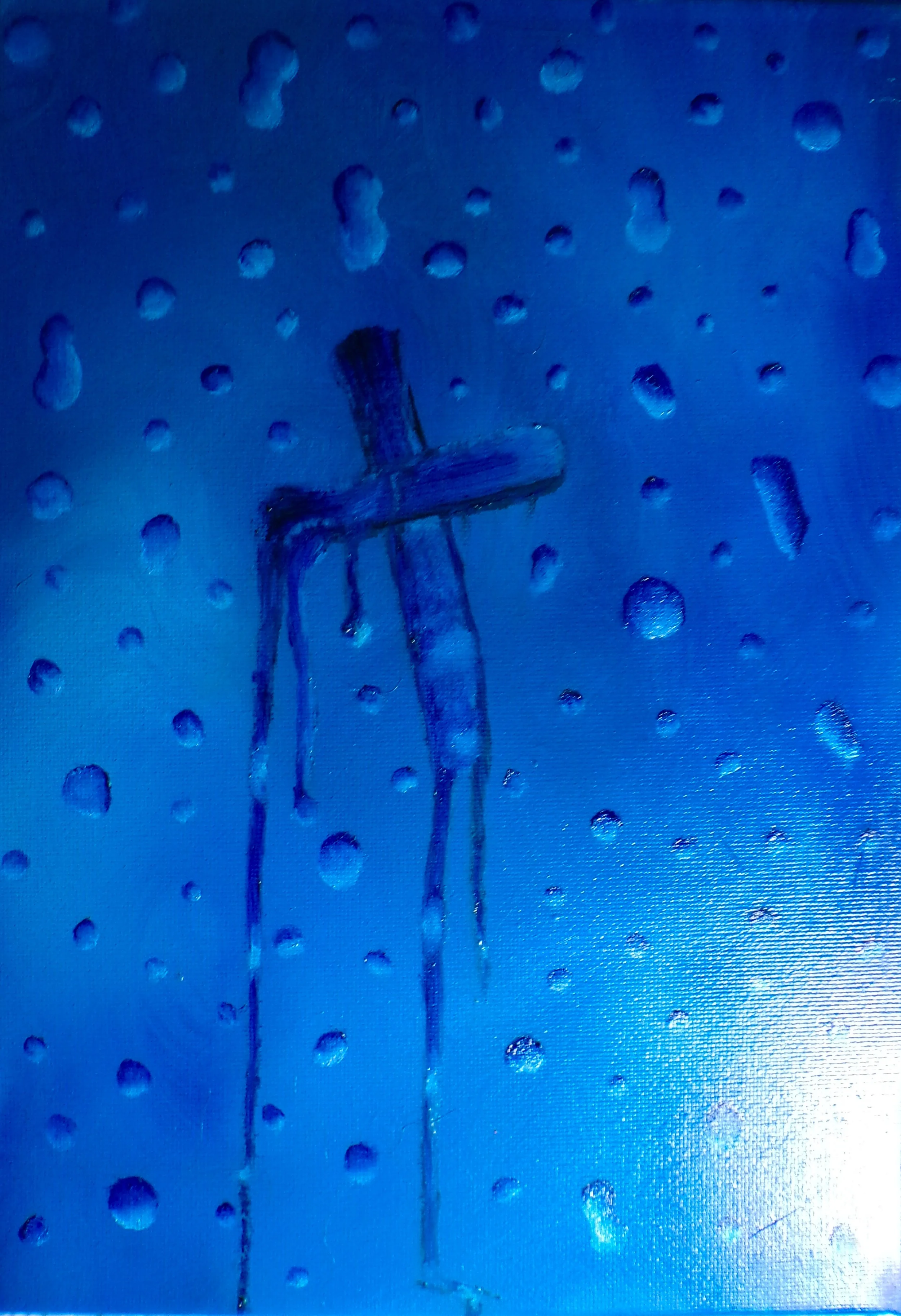 Abstract painting of a cross on a textured blue background with scattered circular indentations.
