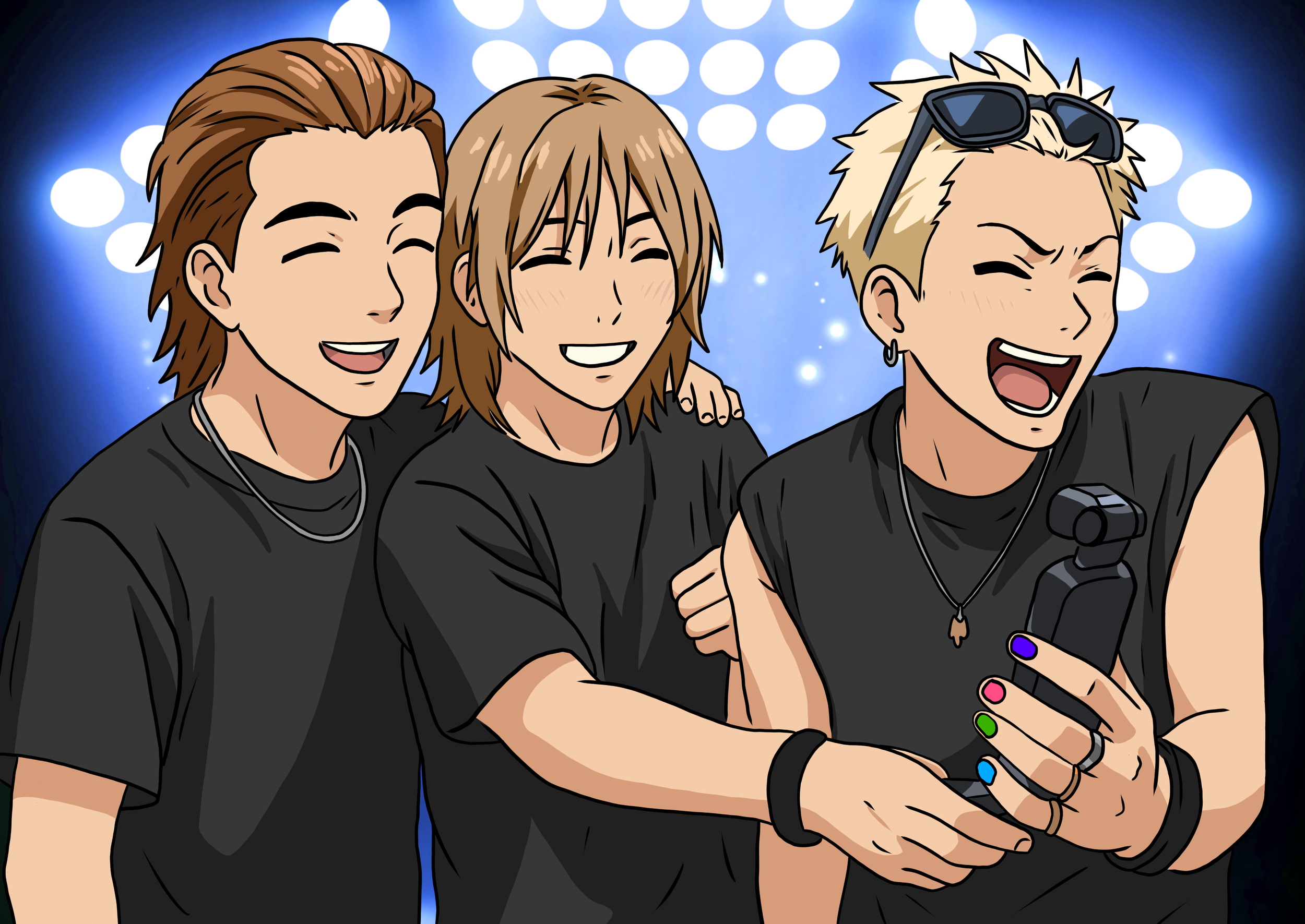 Three young people taking a selfie together at a concert or event, with bright stage lights in the background, all wearing black t-shirts and smiling.