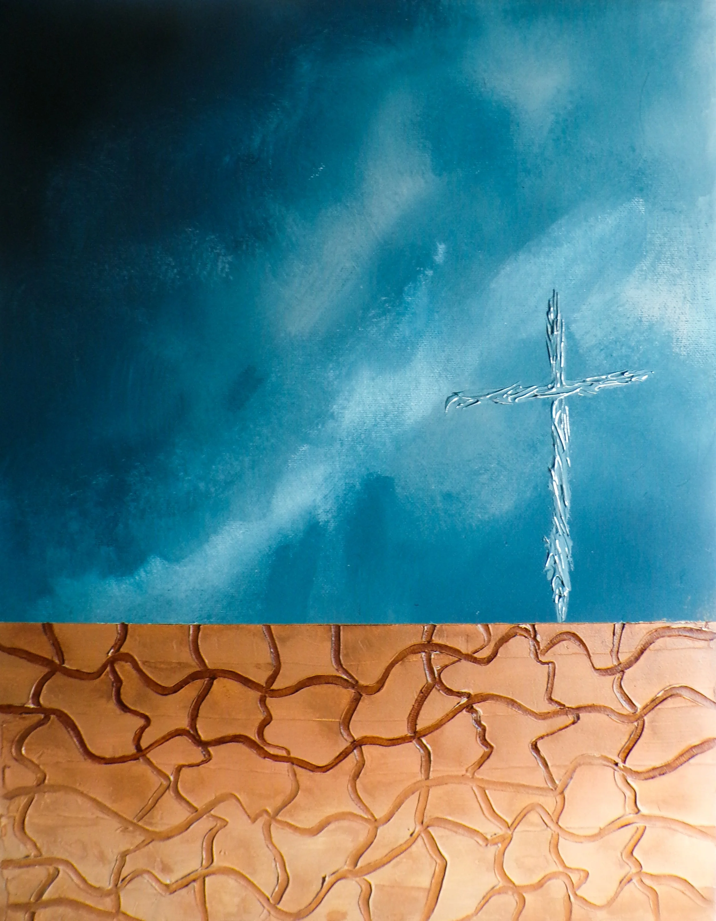 A painting of a blue sky with clouds and a simple cross in the center.
