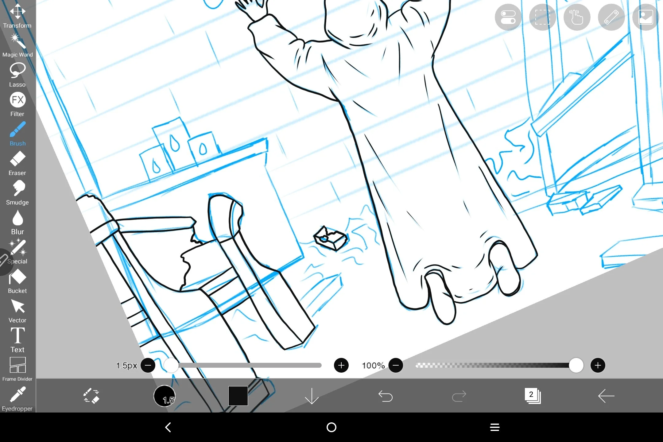 Digital drawing of a person in a long robe, facing away, with arms raised, in a space with shelves, candles, a chair, and other objects.