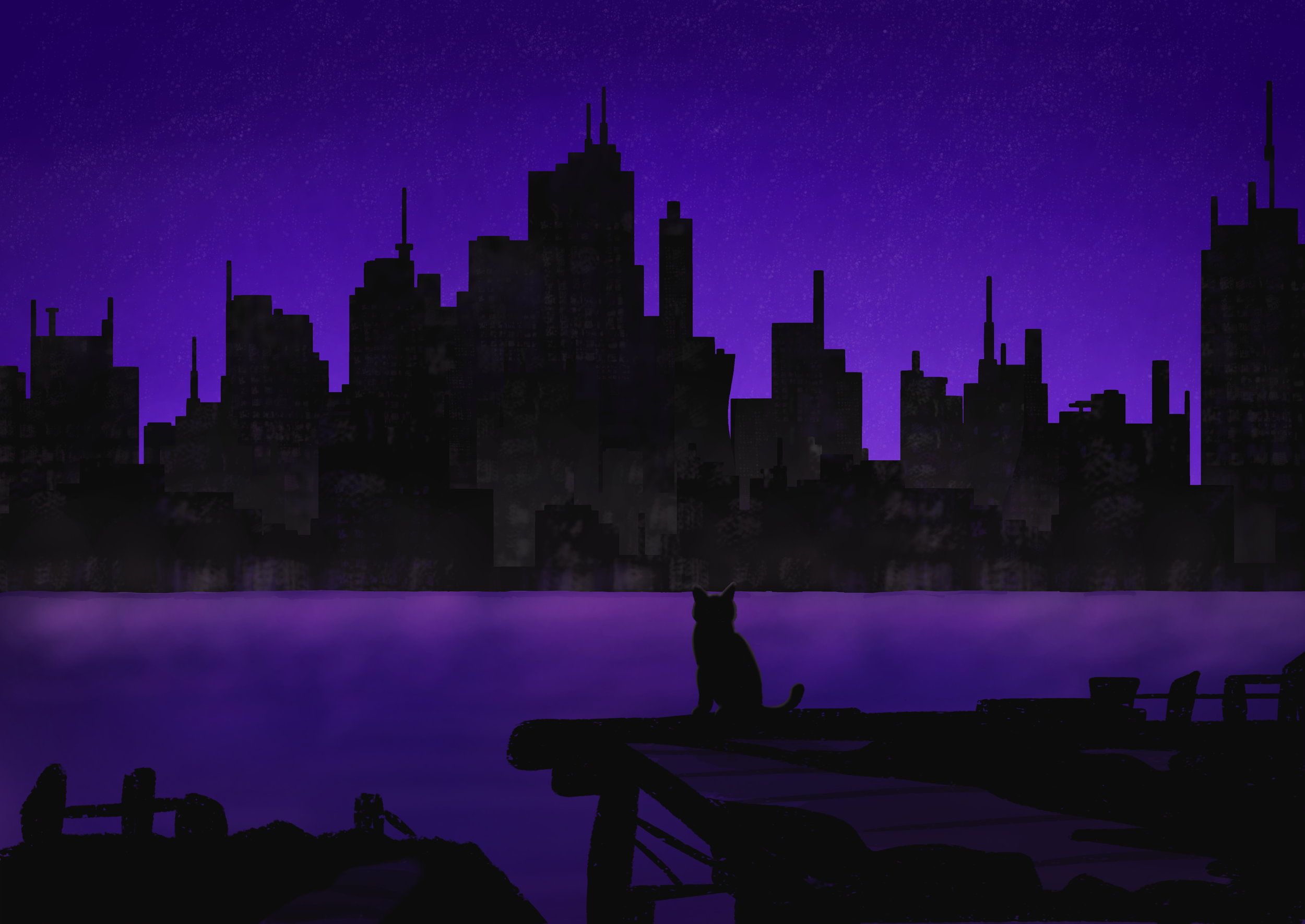 Silhouette of a cat sitting on a dock, looking at a city skyline at night with a purple starry sky.