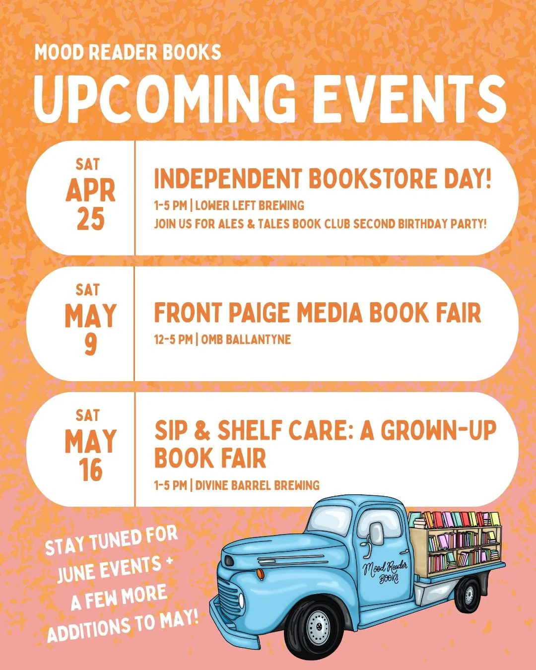 💐 Spring is here! The little blue truck is getting some maintenance done early this month and she'll be back on the road right in time for Independent Bookstore Day on April 25! Save the date(s) to come check out new releases and our constantly chan