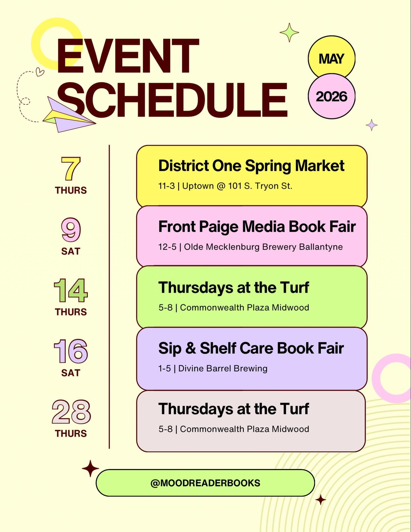 ☀️ Updated May events! We have a few fun Thursday pop-ups added to the schedule. Catch us in Uptown during lunchtime on May 7 and then in Plaza Midwood on May 14 &amp; 28 for live music evenings at Commonwealth!

And of course we&rsquo;ll be at two a