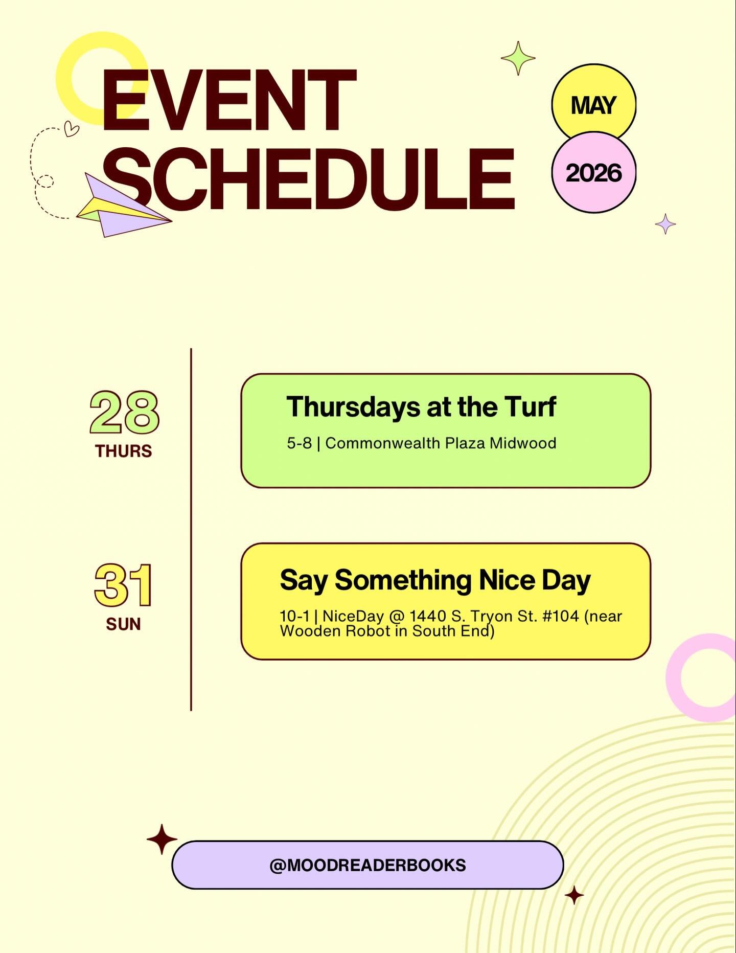 ⭐️ Updated events for the last week of May! ⭐️

I can&rsquo;t believe it&rsquo;s already almost JUNE! Here&rsquo;s a quick update on the last two pop-ups we have before then 📚🛻💕 June schedule coming soon! ☀️

@commonwealthplazamidwood 
@we.are.nic