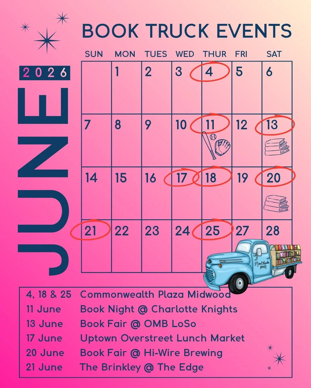 June is going to be busy in the BEST WAY EVER! So many events around Charlotte for you to visit the little blue book truck! Stay tuned for additional info on these dates - for now, be sure to mark your calendars to join us!