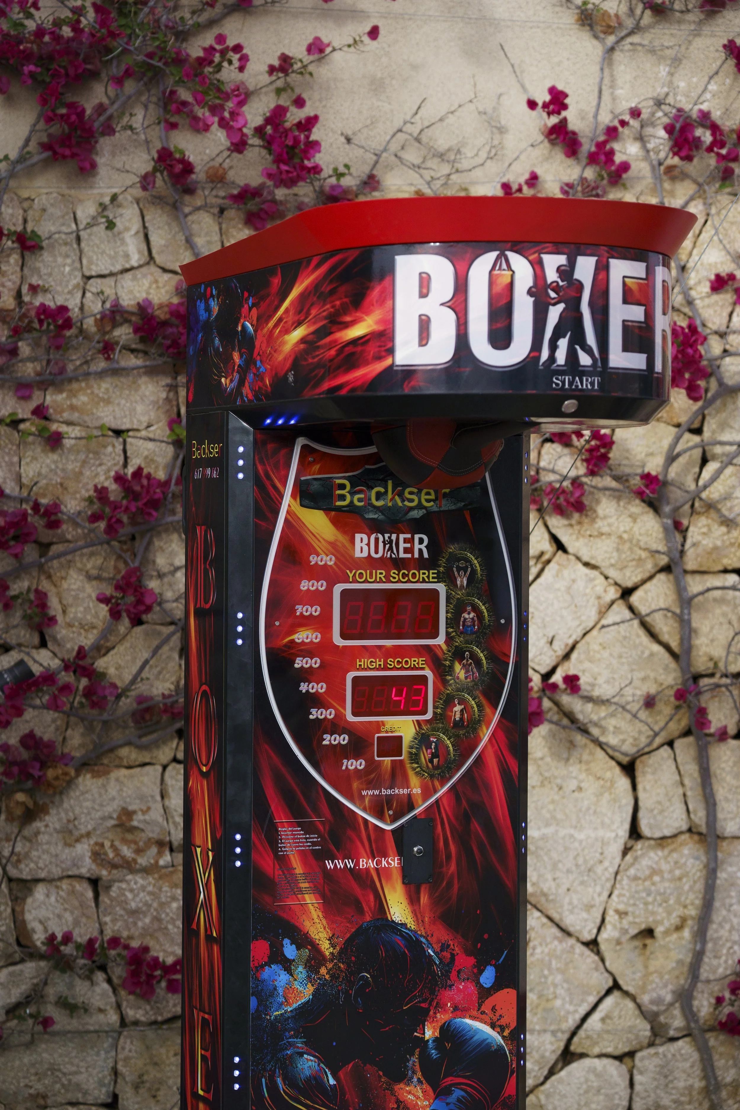 An electronic boxing game machine with a vibrant fiery design, displaying digital scoreboards for current and high scores, and illustrated images of boxers and fighters on its surface, set against a stone wall with pink flowers.