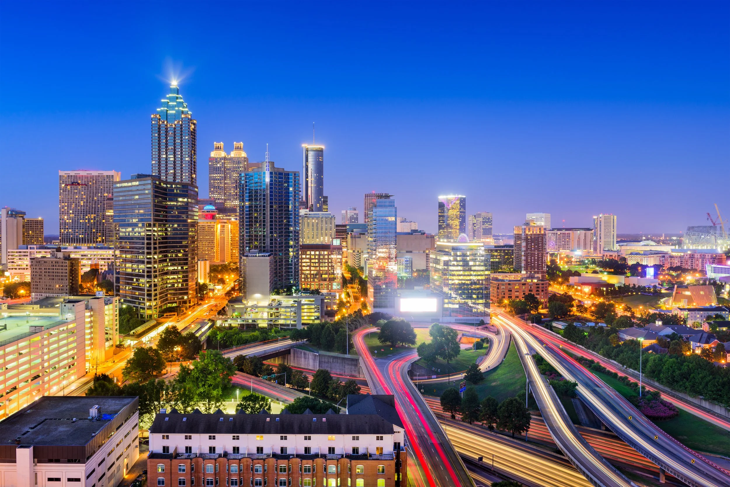 Atlanta skyline with numerous parking facilities.