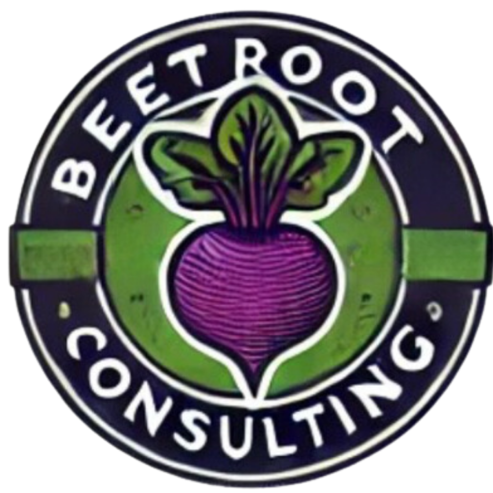 Logo of Beto O'Rourke Consulting, featuring a purple beet with green leaves inside a black circle with the name around it.