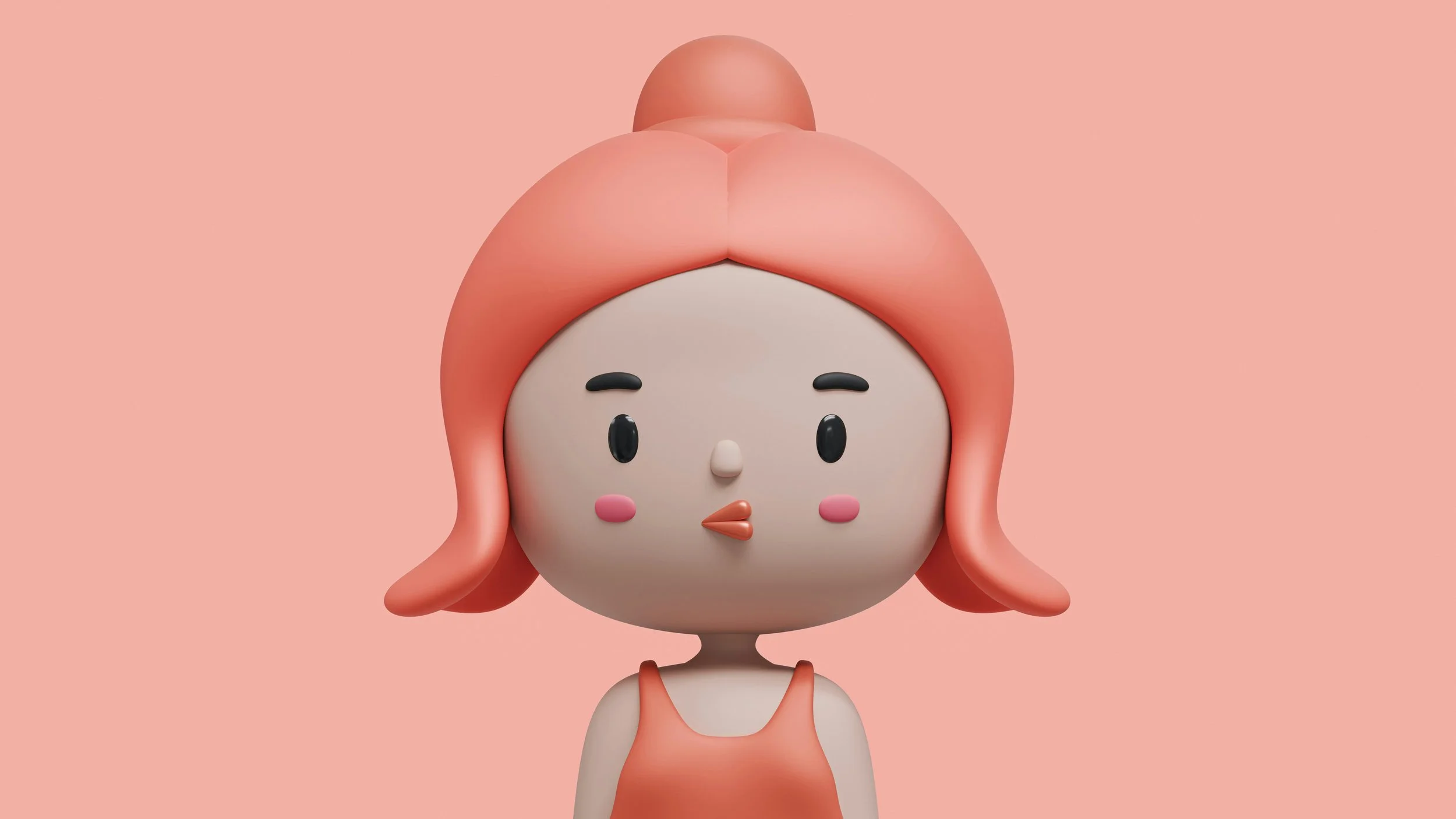 Grafische Illustration eines kindlichen Charakters mit großen runden Kopf, rosa Haare in einem Top, auf rosa Hintergrund.