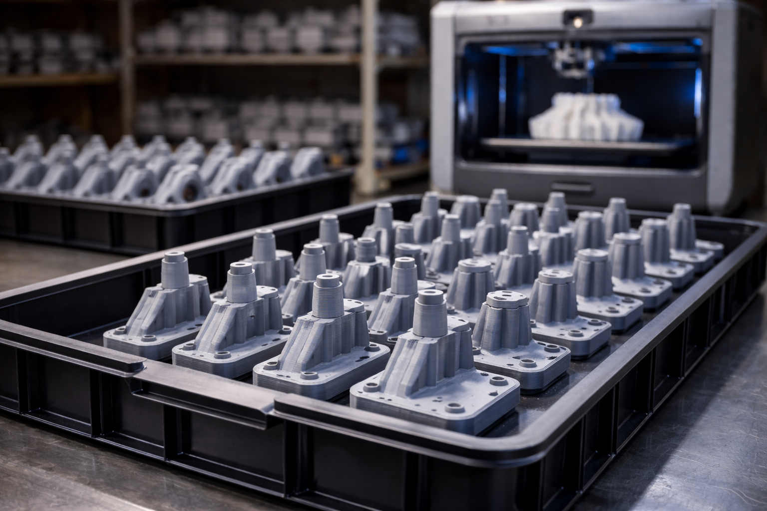 Batch manufactured 3D printed engine parts arranged in black trays in a workshop, with a 3D printer in the background.