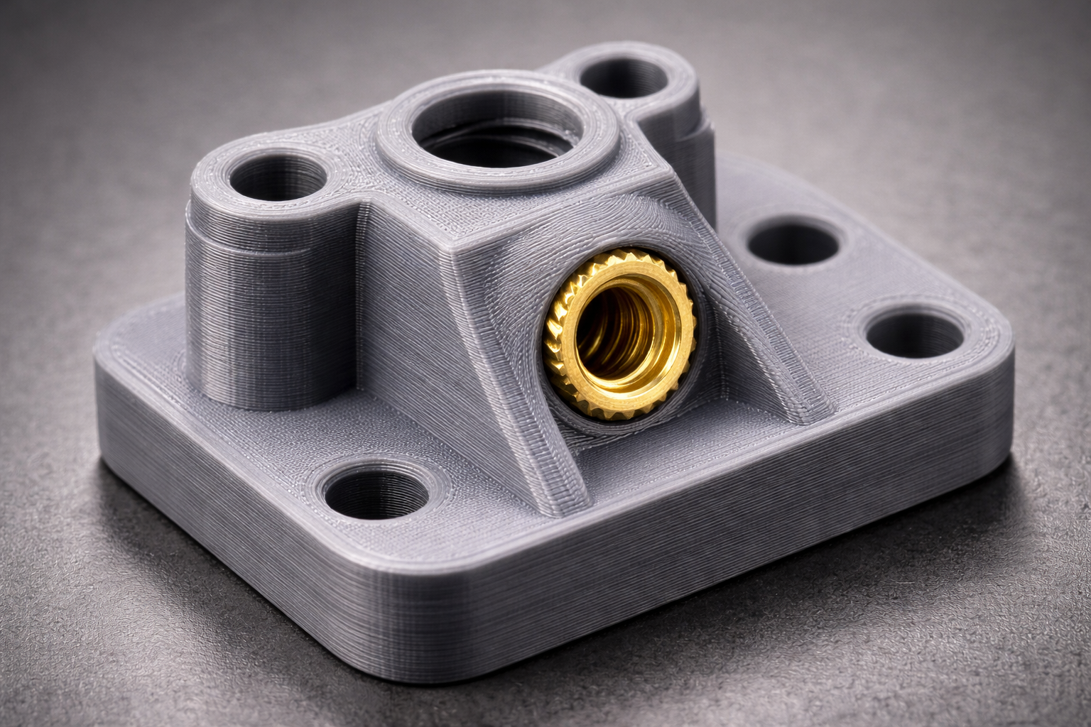A 3D-printed gray mechanical part with a brass insert, featuring multiple threaded holes for assembly.