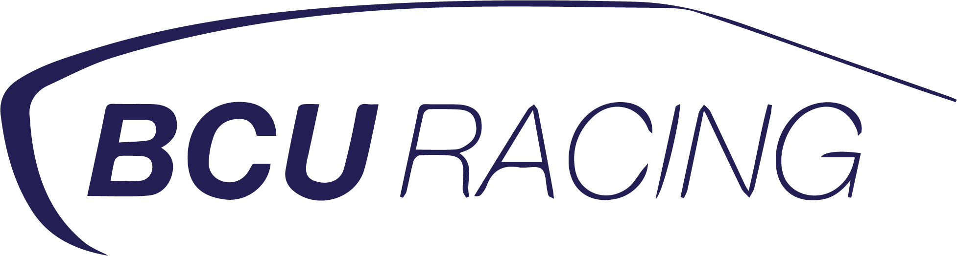 Logo with the text 'BCU RACING' in navy blue, with a curved line accent.