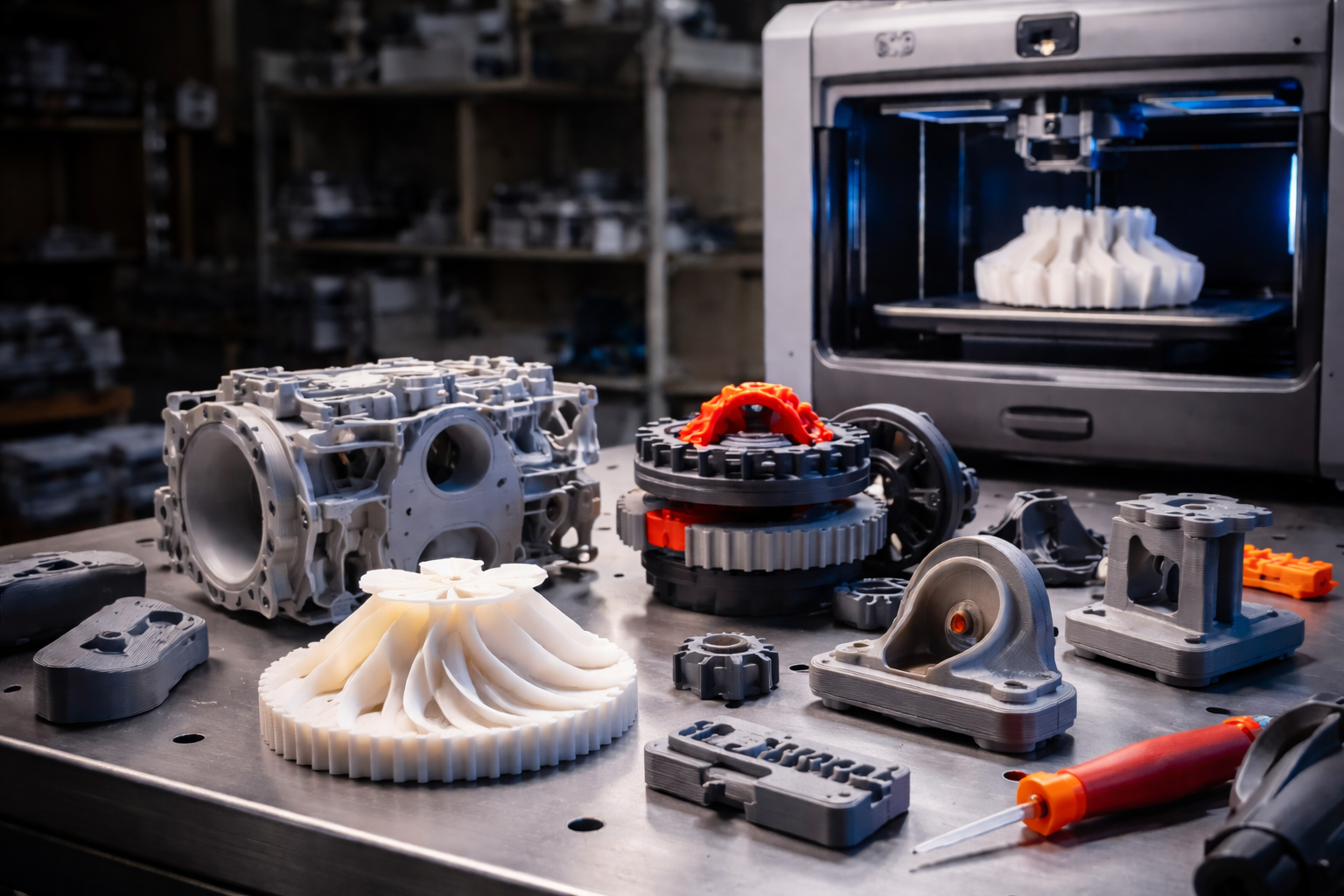Various 3D-printed mechanical parts placed on a worktable, with a 3D printer in the background printing a large white object.