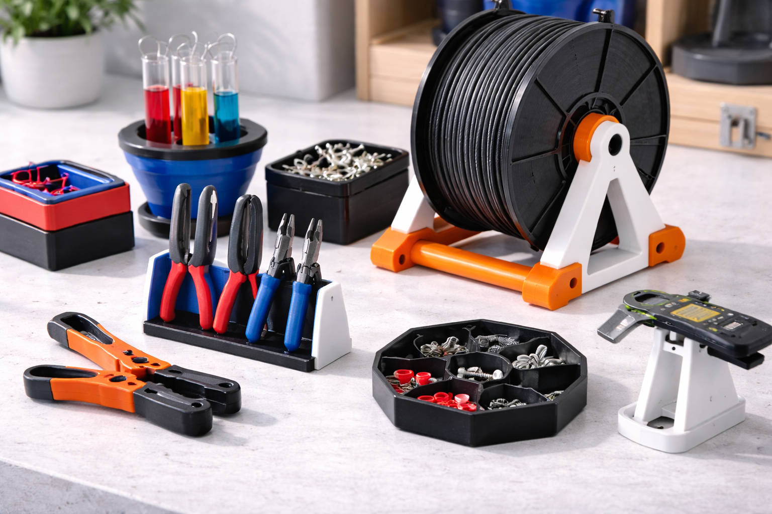 Workshop workspace with various tools including pliers, wire cutters, test tubes with liquids, a spool of wire, and hardware items organized in containers.