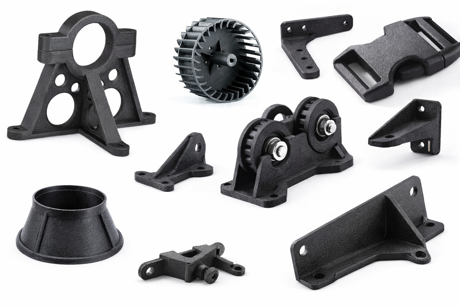 Various black mechanical parts printed in PAHT-CF, including gears, brackets, connectors, and mounts, arranged on a white background.