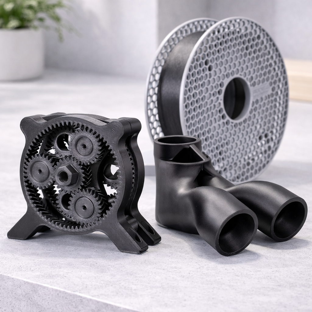 3D printed mechanical gears and parts on a light gray surface.